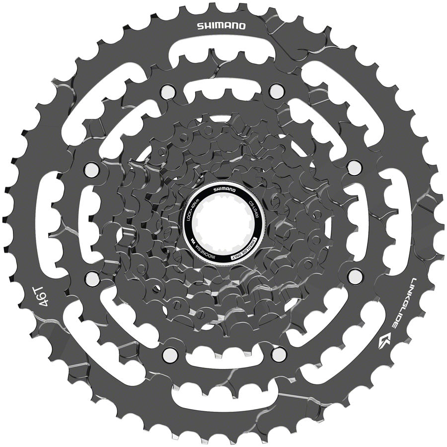 Shimano Cues CS-LG400 LinkGlide 9 Speed 11-46t Black Cassette, studio front view