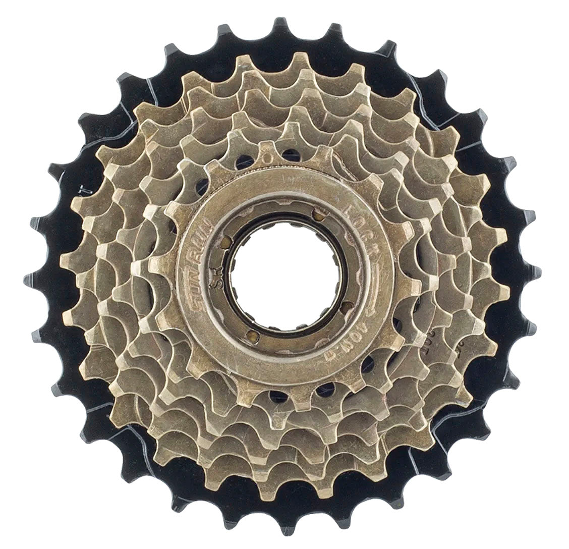SunRun FW-7I 7 Speed 14-28t Brown Cassette, studio side view