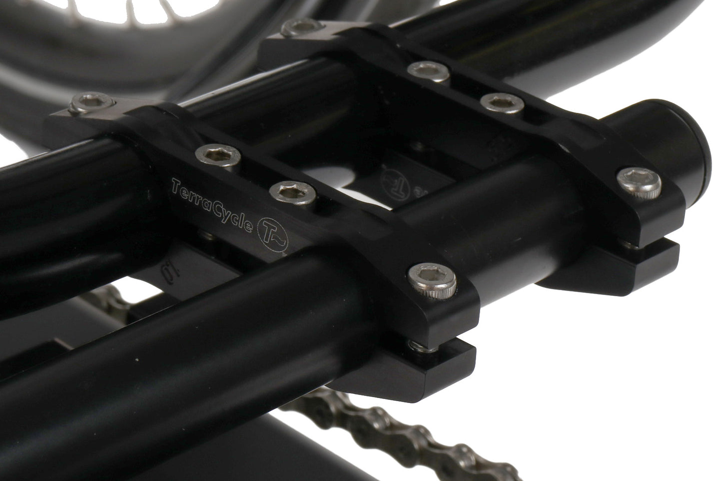 T-Cycle Greenspeed Magnum SeatSide Seat Mount Kit studio image mounted to greenspeed magnum clamp closeup