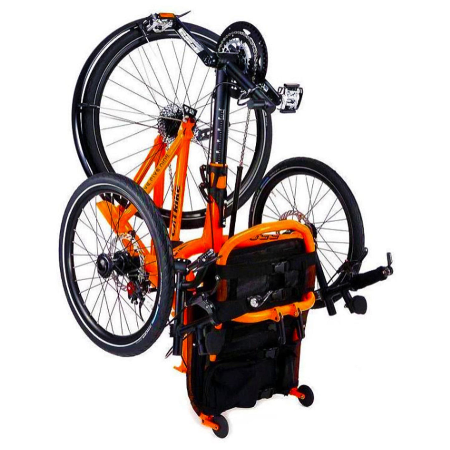 Folded View of an Atomic Orange Catrike 5.5.9. Recumbent Trike against a white background.