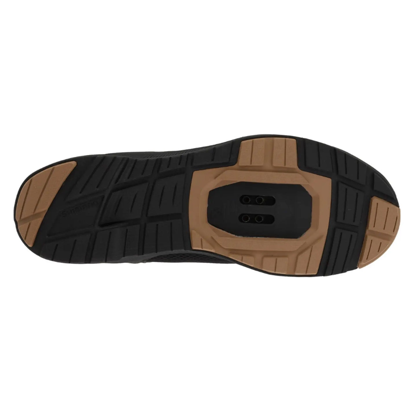 View of the sole on the Shimano EX300 Bicycle Shoes in Black and Tan against a white background.