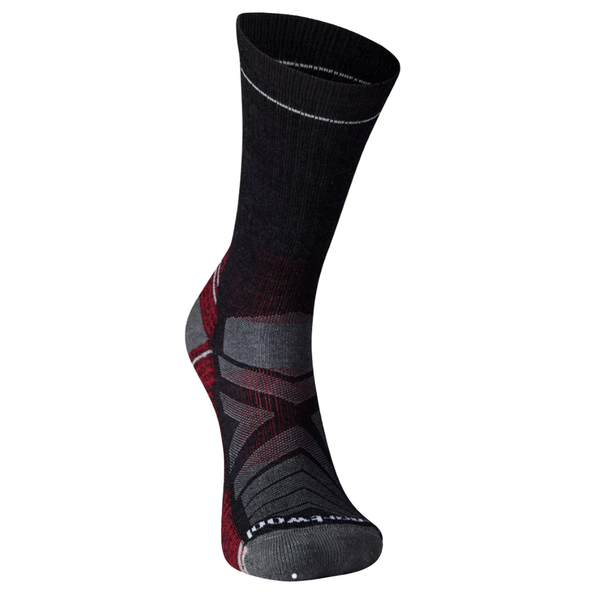 Front view of a black, red, and gray hiking sock with a Smartwool logo against a white background.