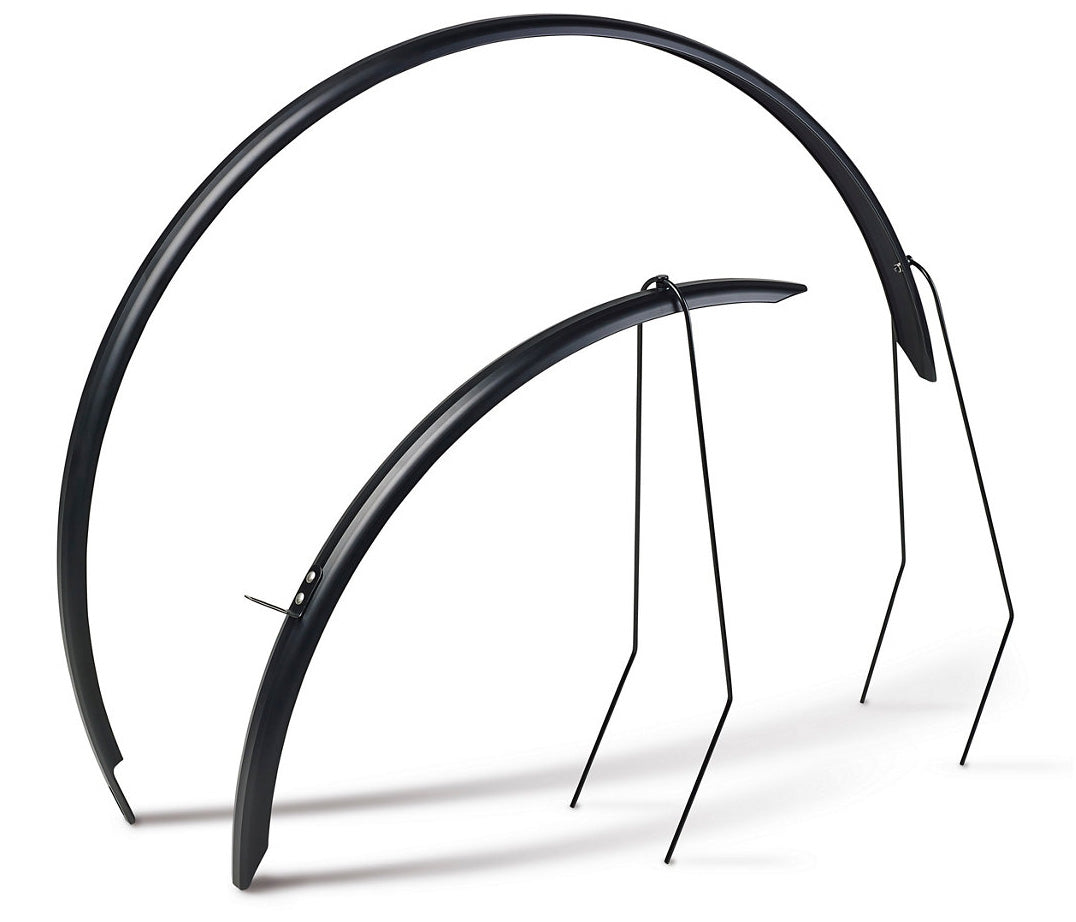 Black bicycle fender set against a white background.