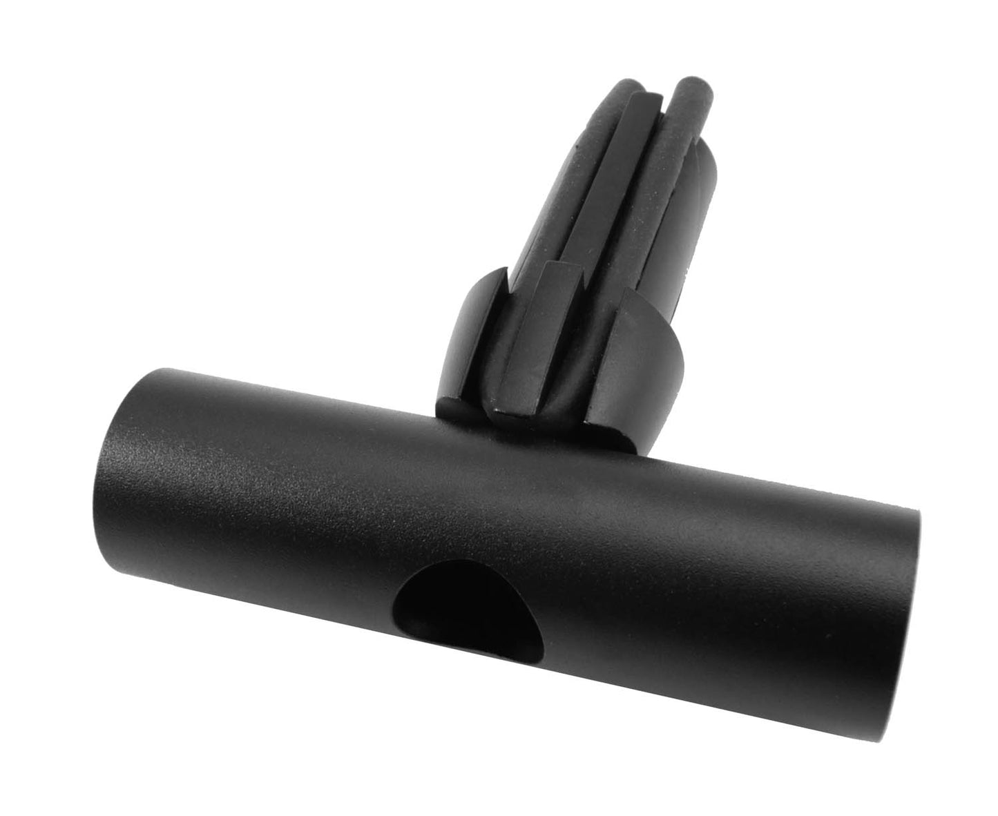 Top view of black HP Velotechnik Universal Top-bar mount showing hole in top of T for cable routing
