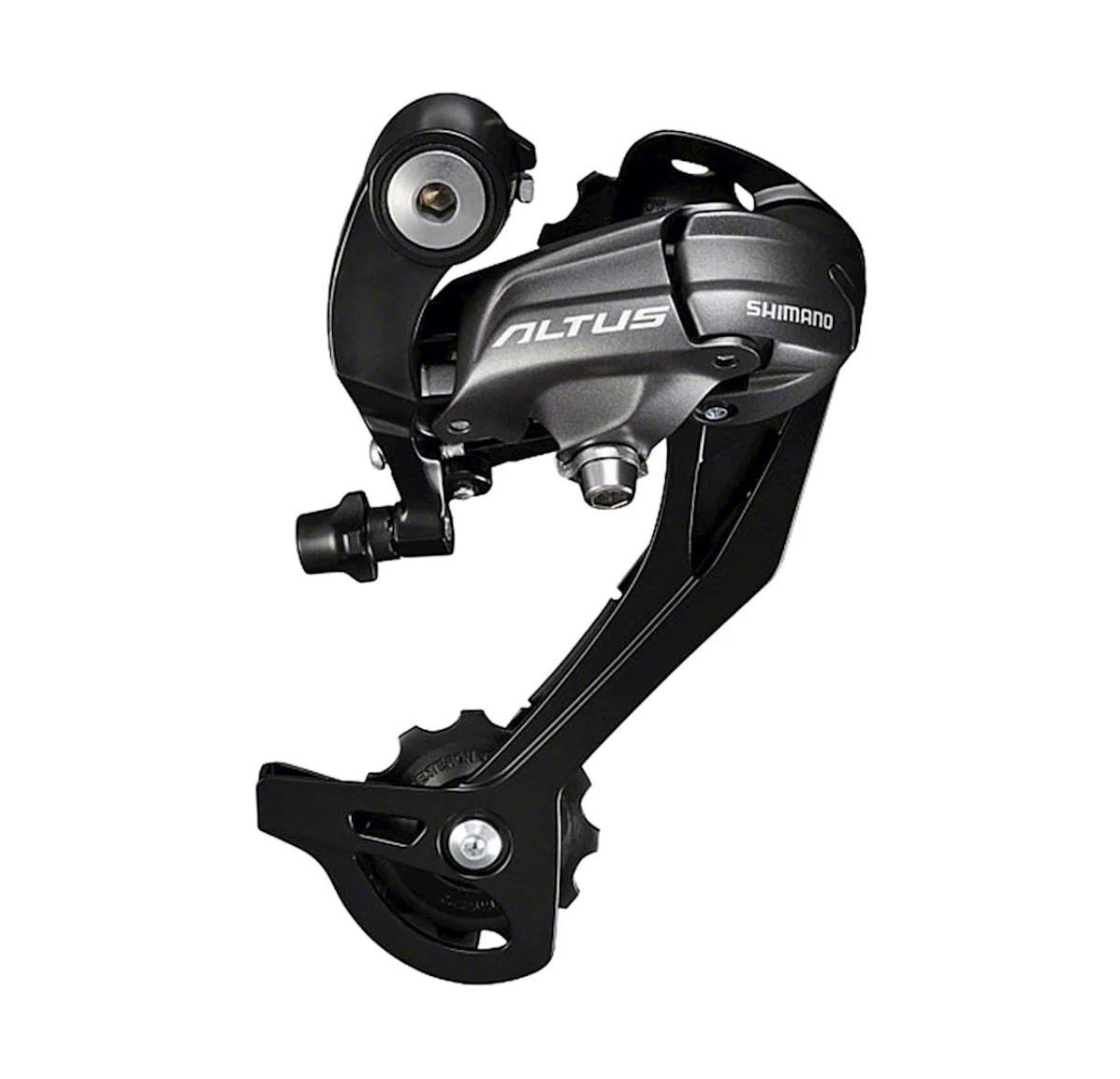 Shimano Altus RD-M370-SGS 9 Speed Long Cage Black Rear Derailleur side view showing the full derailleur
