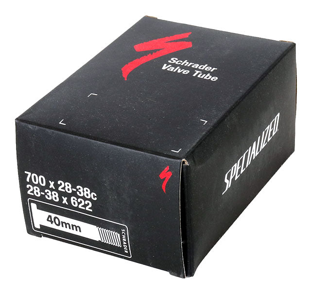 Black box with red S Specialized logo on top 700 x 28-38c measurement on side and 40mm valve
