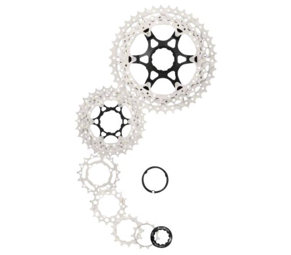 SunRace MS3 10 Speed 11-42t Silver Cassette showing all the spockets out in array.