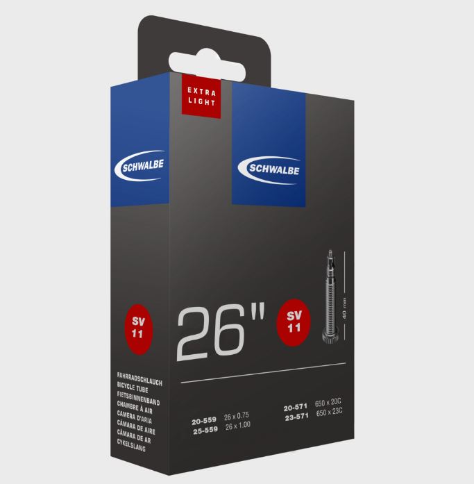 Packaging of Schwalbe SV11 Extra Light 40mm Valve Stem Presta Tube for 26 inch bicycle tires.
