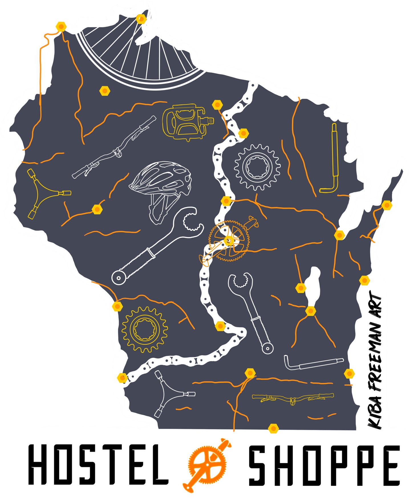 This sticker is a depiction of the state of Wisconsin with a dark gray background, orange lines on the map depict bike trails in the state, there are bicycle parts outlined in white and yellow throughout the states interior, the white bicycle chain depicts the Wisconsin river and the yellow and orange nuts depict trail heads. Under the state is the Hostel Shoppe logo and along the right side is the artists signature Kiba Freemen Art