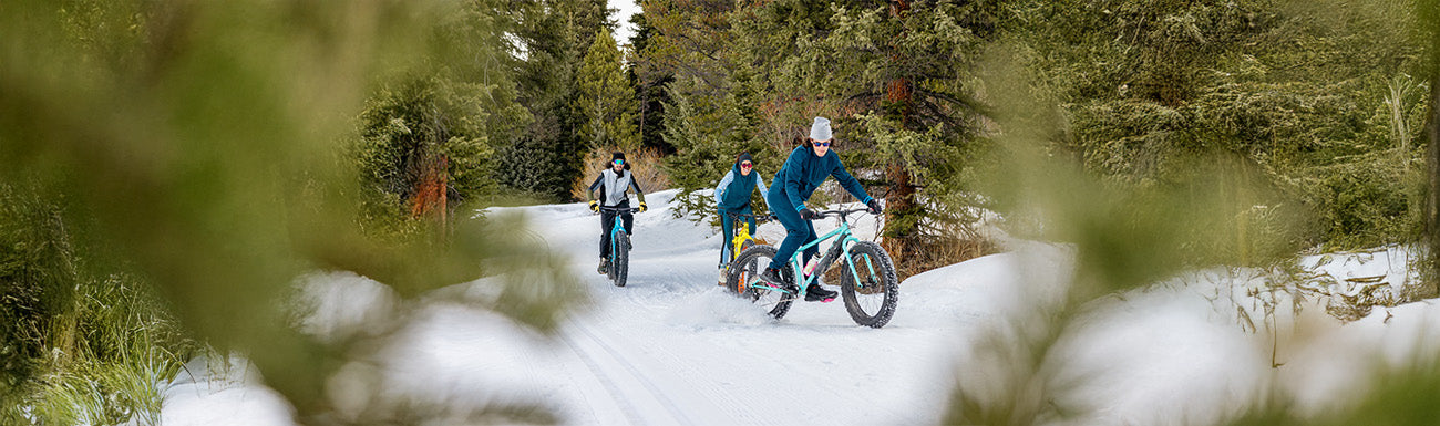 Three people winter fat bike through the woods.