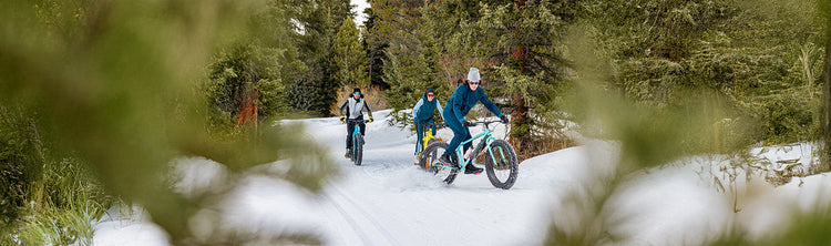 Three people winter fat bike through the woods.