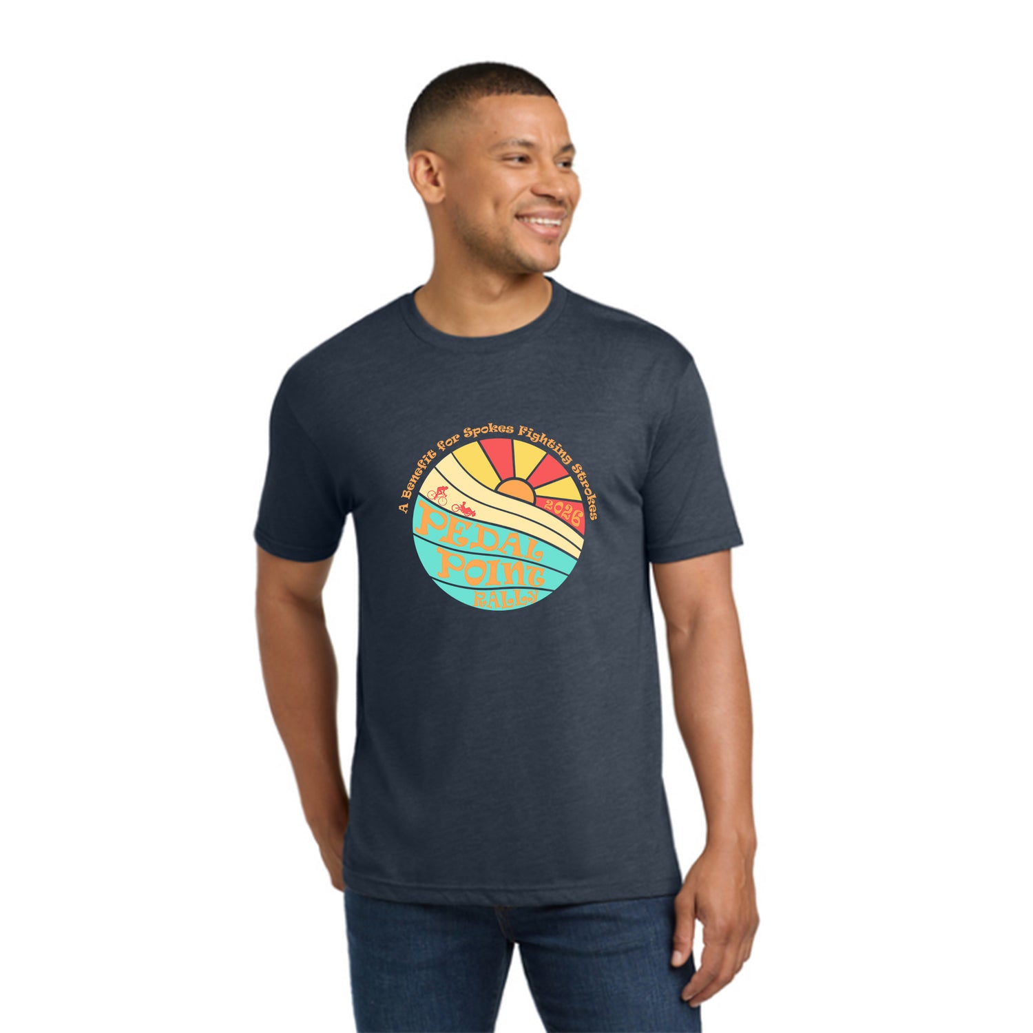 The 2026 Pedal Point Rally T-Shirt in Legion Blue with a colorful rally logo in mint, peach, yellow, tan and orange.