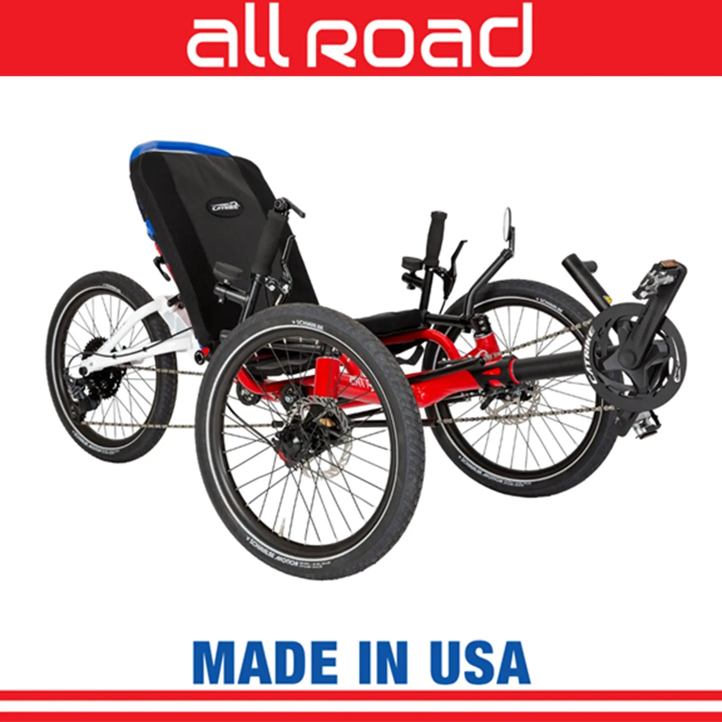 Image of the Catrike All Road in a Limited Edition Red, White and Blue Patriotic color scheme against a white background.