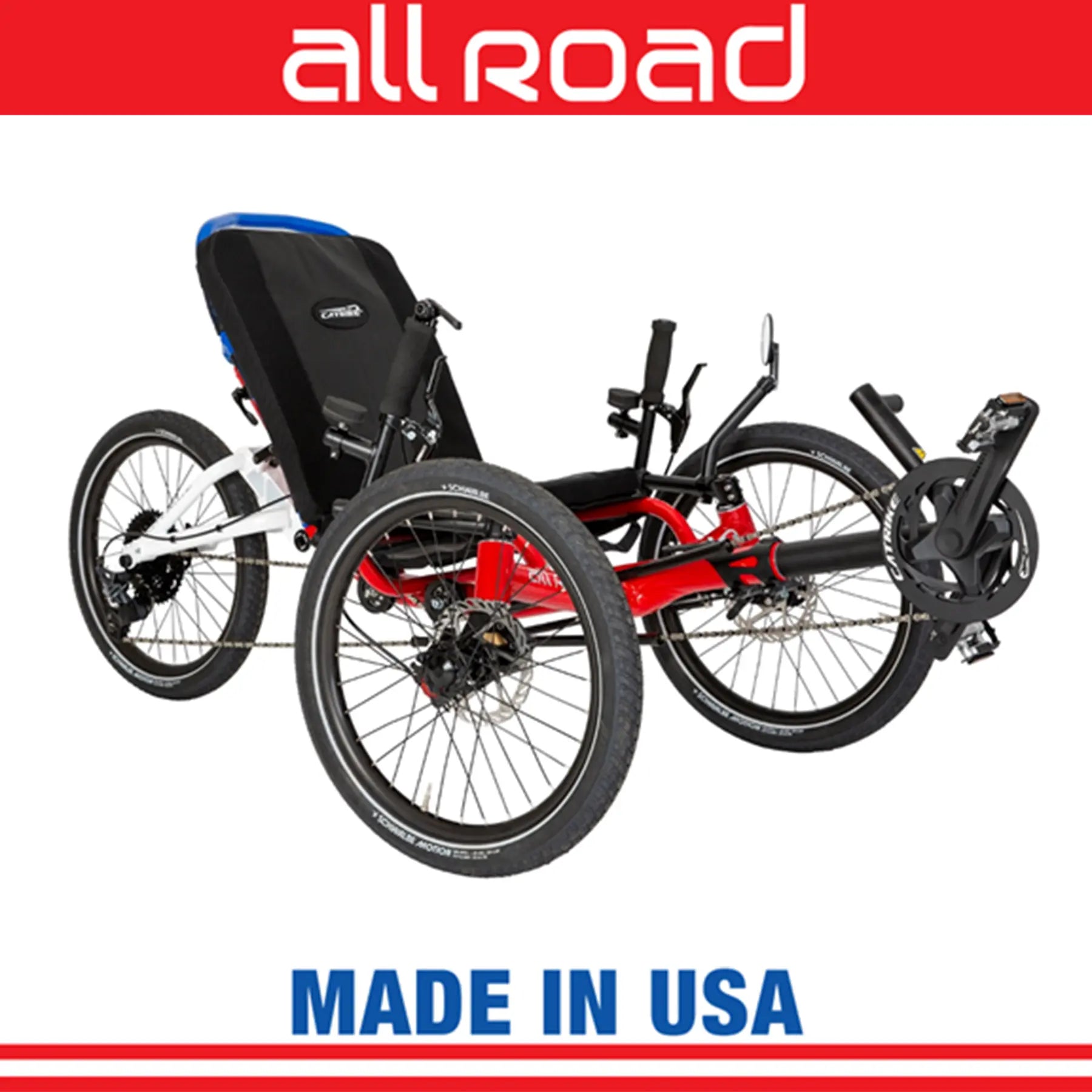 Image of the Catrike All Road in a Limited Edition Red, White and Blue Patriotic color scheme against a white background.