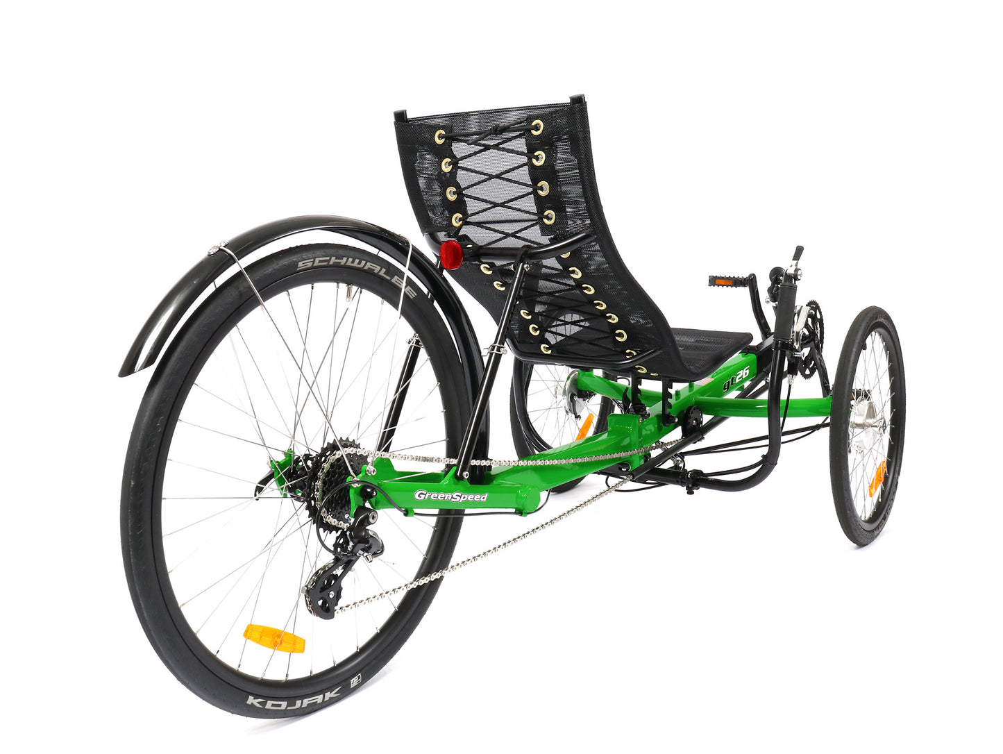 GreenSpeed recumbent trike with bright Green frame, 20 inch front wheels and 26 inch rear wheel, back wheel view