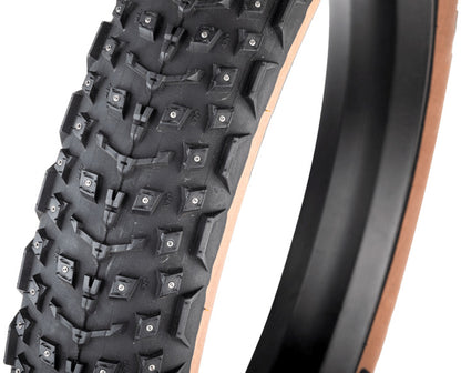 45NRTH Dillinger 5 Studded Folding 60tpi Tan Fat Tire 26 x 4.6 (117-559mm), studio front quarter view