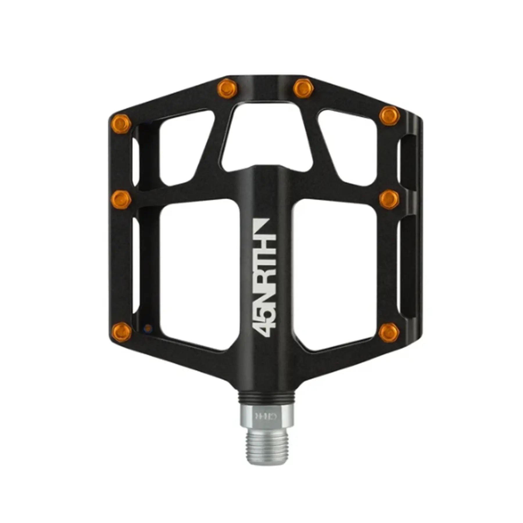 Top view of the 45NRTH Heiruspecs 9/16 Inch Aluminum Black Platform Pedal with orange studs against a white background.