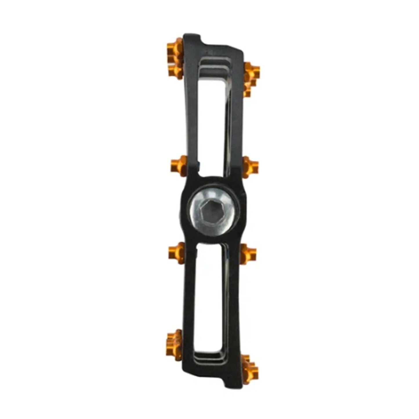 Side view of the 45NRTH Heiruspecs 9/16 Inch Aluminum Black Platform Pedal with orange studs against a white background.