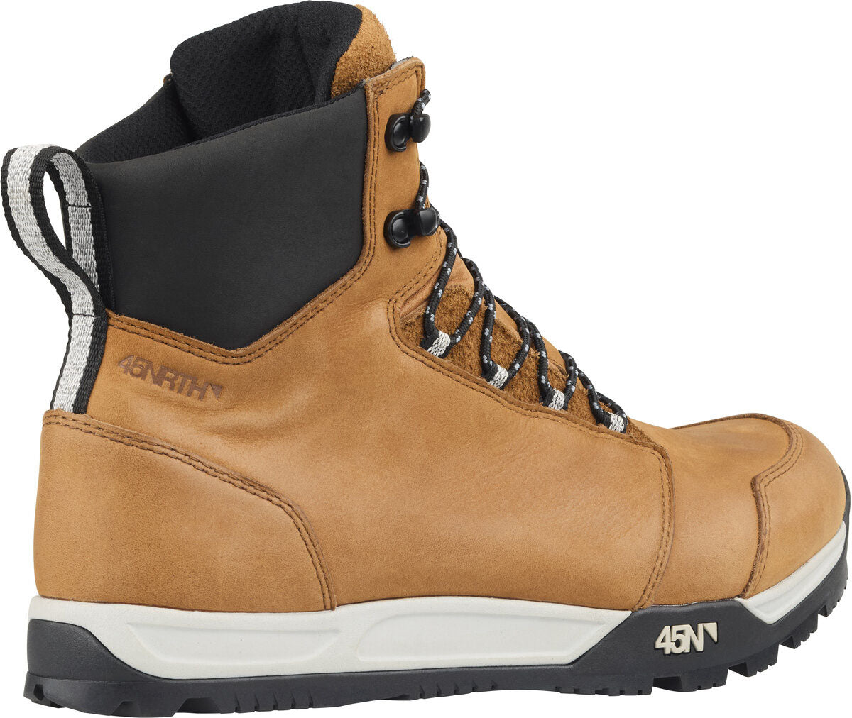 Studio rear quarter view leather boot with a black and white sole, black and white laces and a black soft fabric area around upper ankle area. 