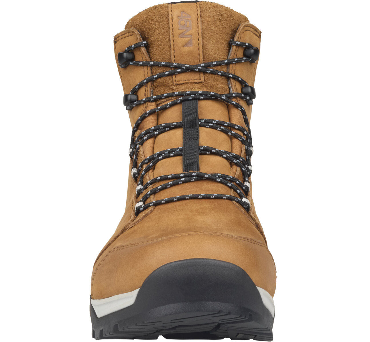 Studio front view leather boot with a black and white sole and laces.
