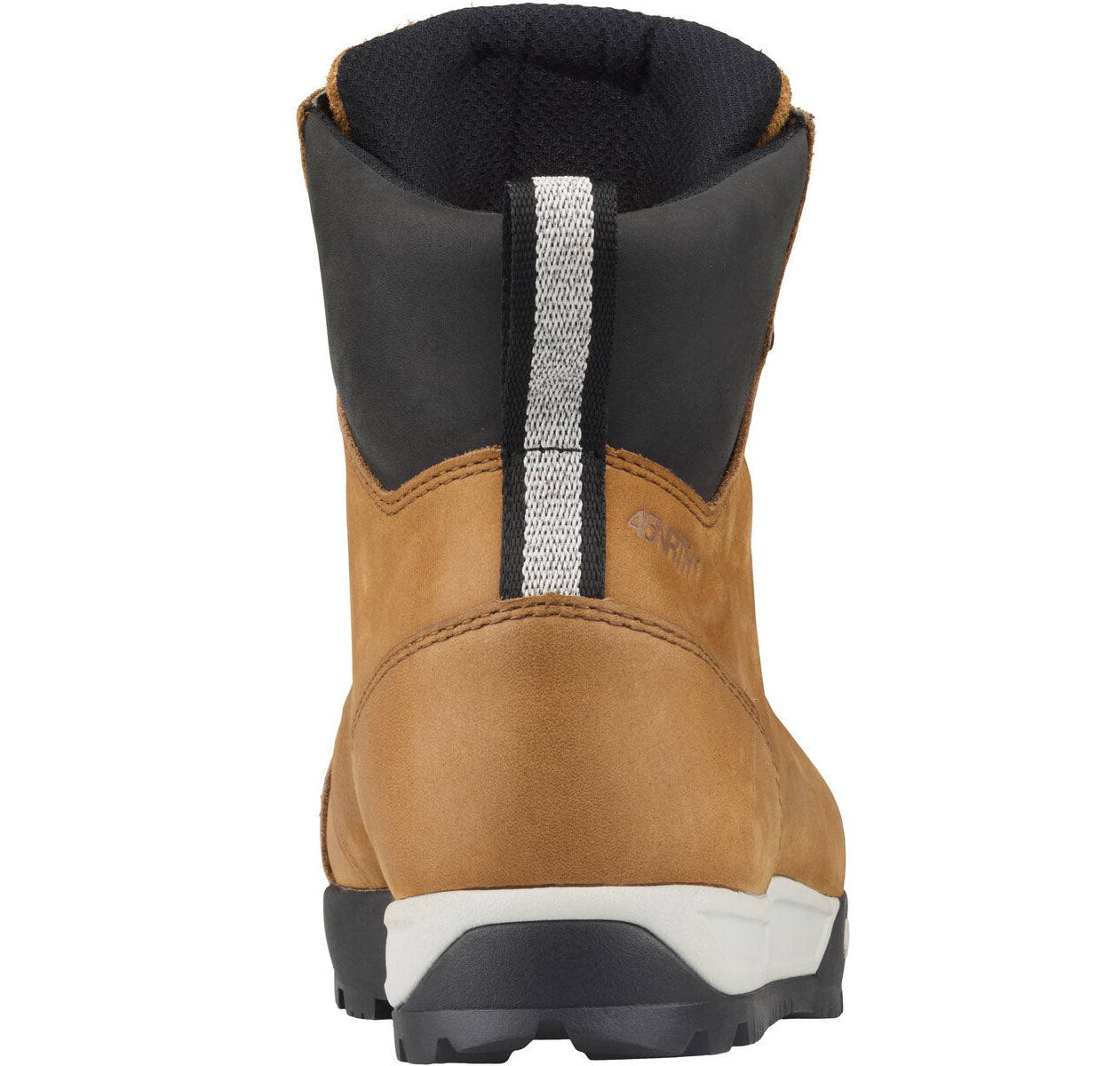 Studio rear view of a leather boot with a black and white sole, and a black soft fabric area around upper ankle area. 