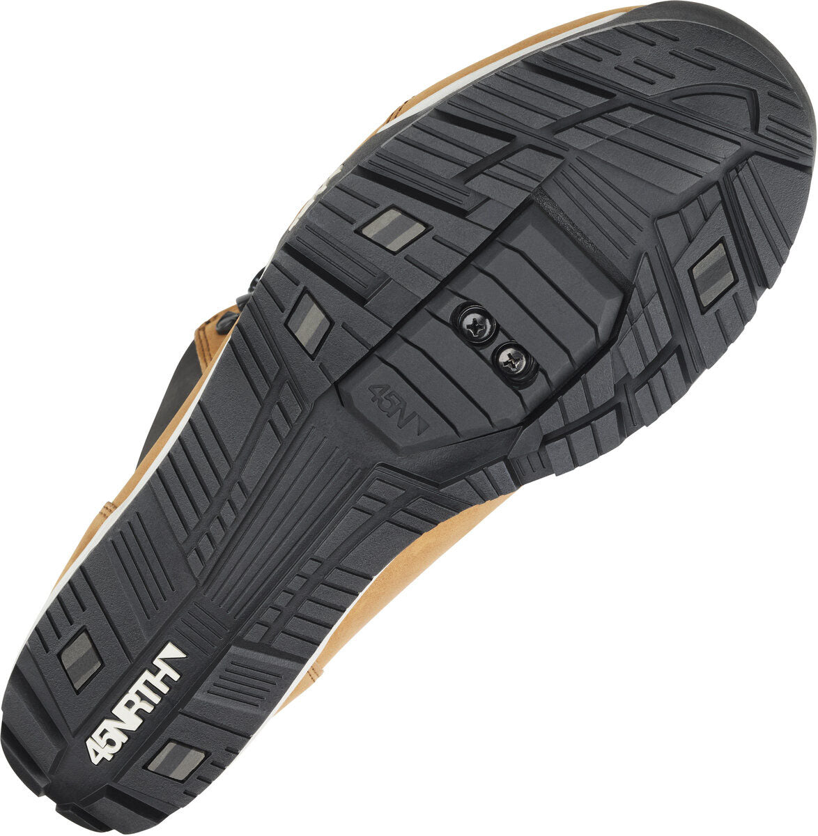 Studio bottom view of a boot with a black sole and white 45NRTH logo along middle of heel. 