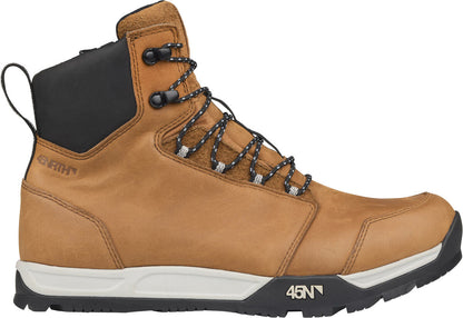 Studio side view of light brown leather lace-up boots with black and white sole, black and white laces, and a soft black fabric area around top of boot.