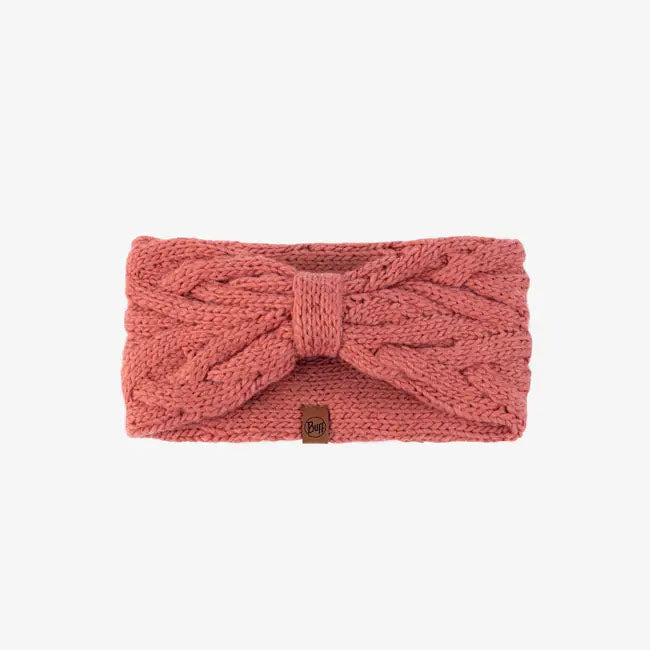 Buff Knitted Headband in light red with brown leather tag at back with Buff logo. 