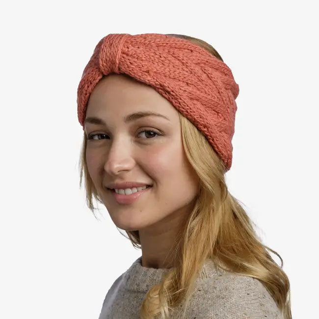 Light red Buff Knitted Headband on woman.