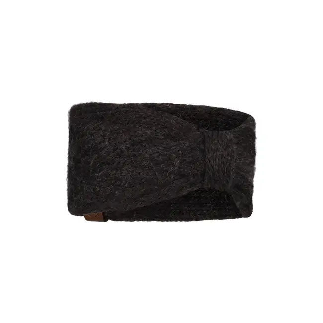 Studio image of knitted dark grey headband.