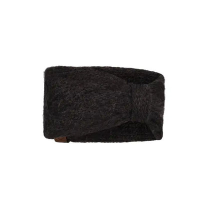Studio image of knitted dark grey headband.