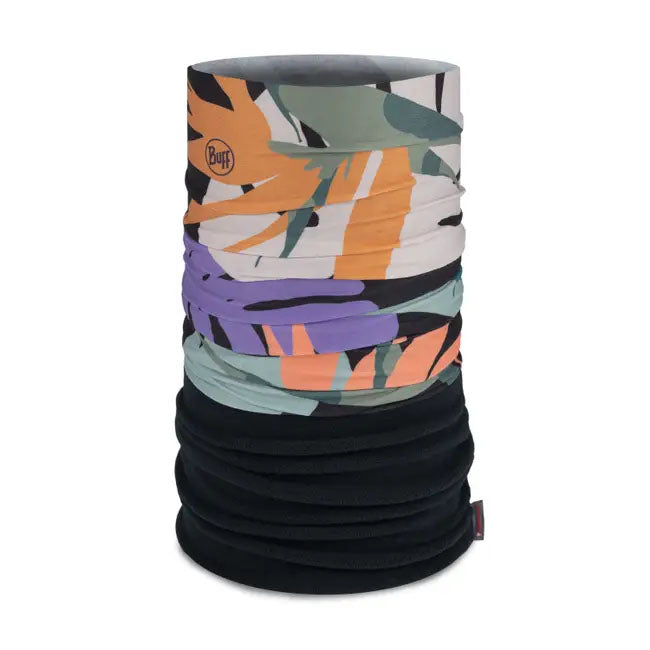 Image of the Buff Polar Neckwear Herta Multi with a leafy pattern of sage green, peach, violet and white, with a black bottom half against a white background.