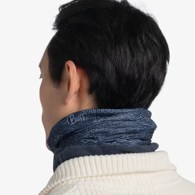 Back view of the Buff Polar Neckwear in Katic Blue on a model's neck against a white background.