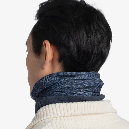 Back view of the Buff Polar Neckwear in Katic Blue on a model's neck against a white background.