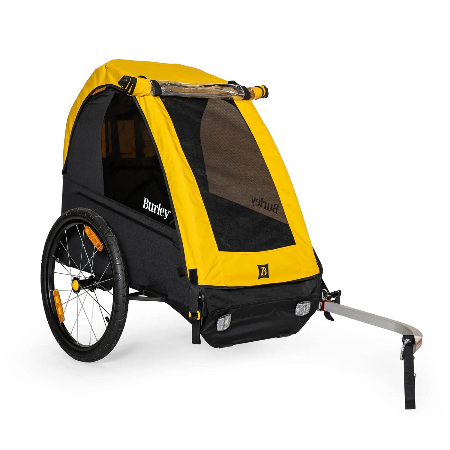 Front quarter view of the Burley Bee Single Child Trailer in Yellow, with a white background.