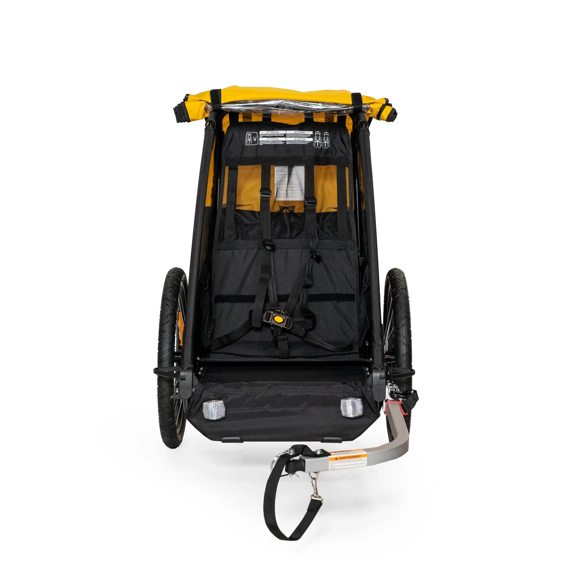 Front view of the Burley Bee Single Child Trailer in Yellow, interior shown with the front flap open, with a white background.