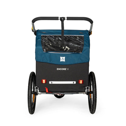 Rear view of the Burley Encore X Child Trailer in Blue, shown on a white background.