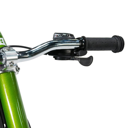 Detailed view of the Burley Piccolo Trailer Cycle in Green, showing the 7-speed shifter, on a white background.