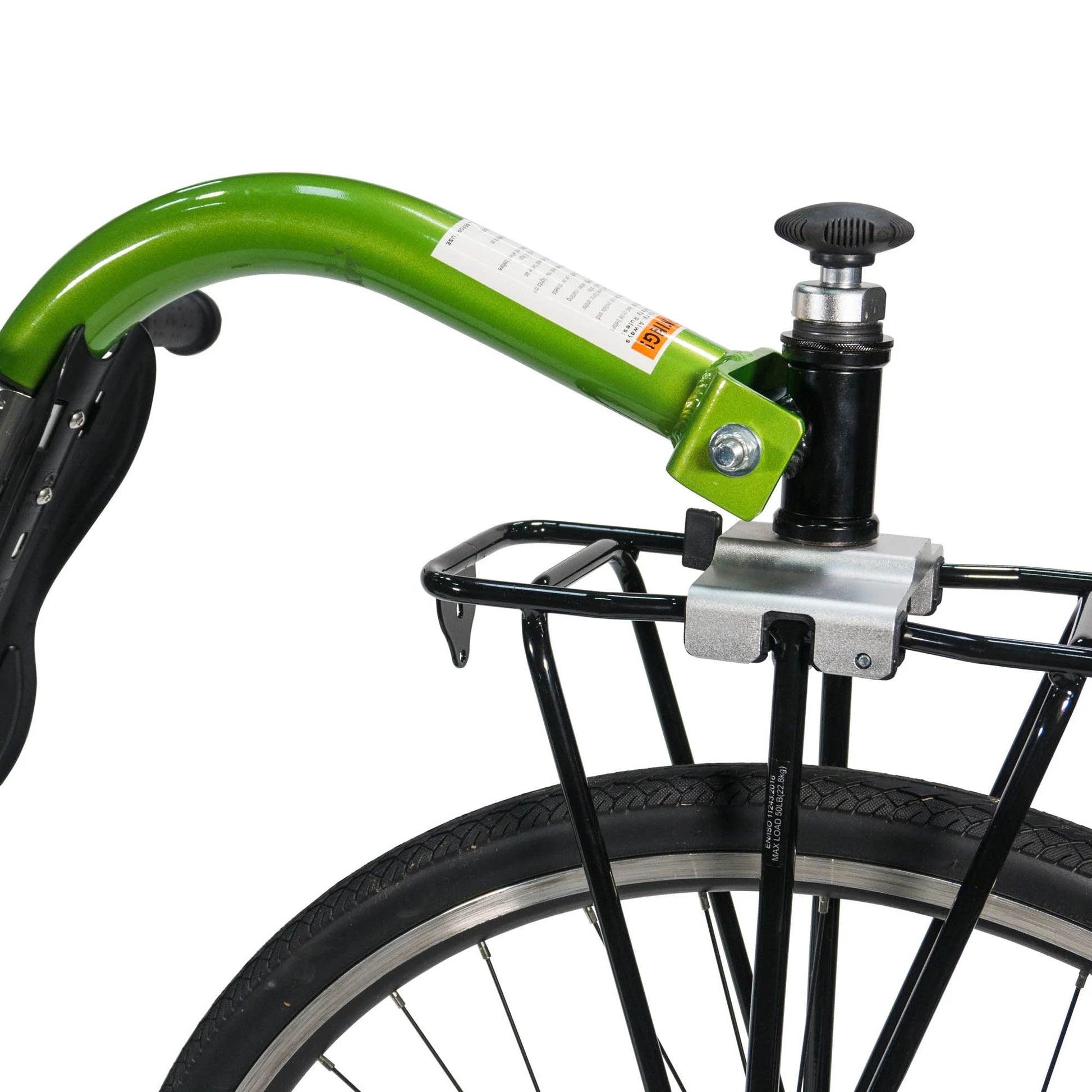 Detail view of the Burley Piccolo Trailer Cycle in Green, shown mounted to a bicycle, on a white background.