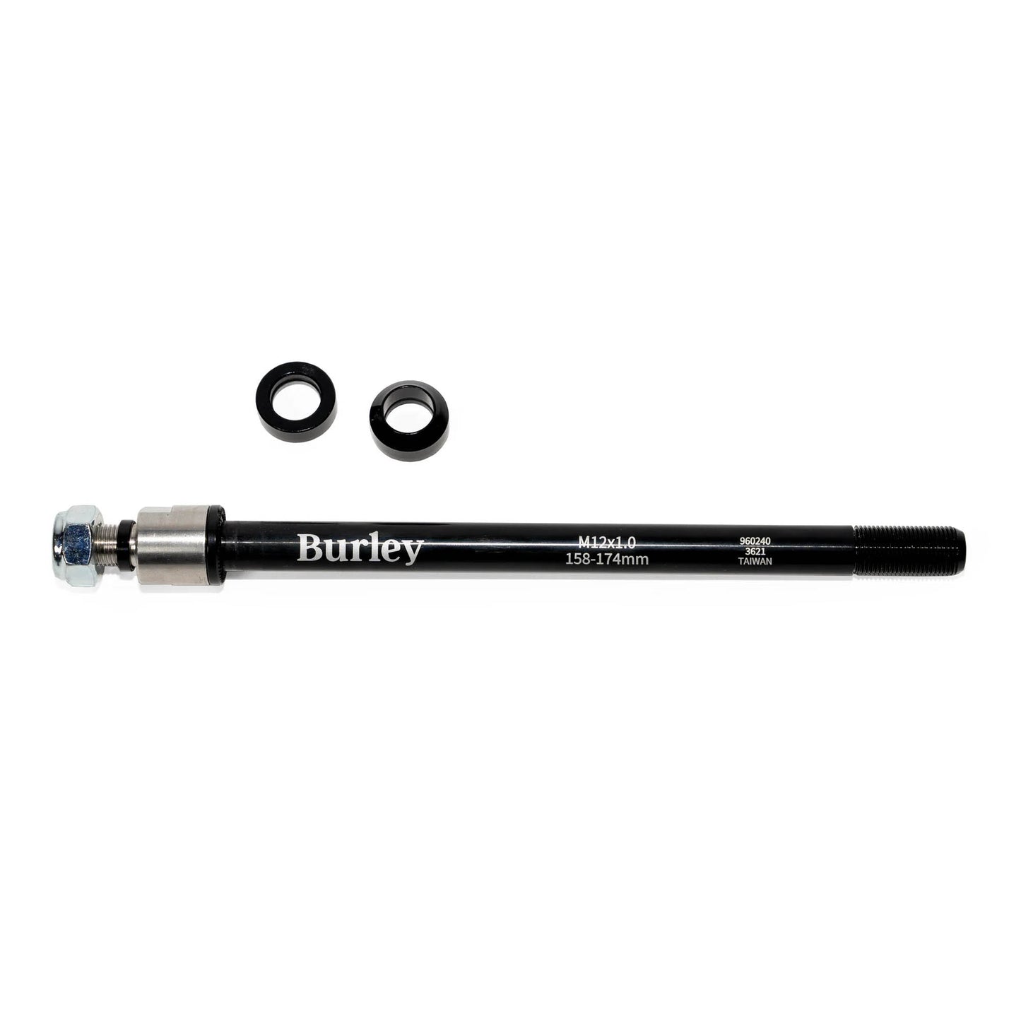 Image of the Burley Thru Axle Adapter 12x1.0 158-174mm with flat and conical spacers against a white background.