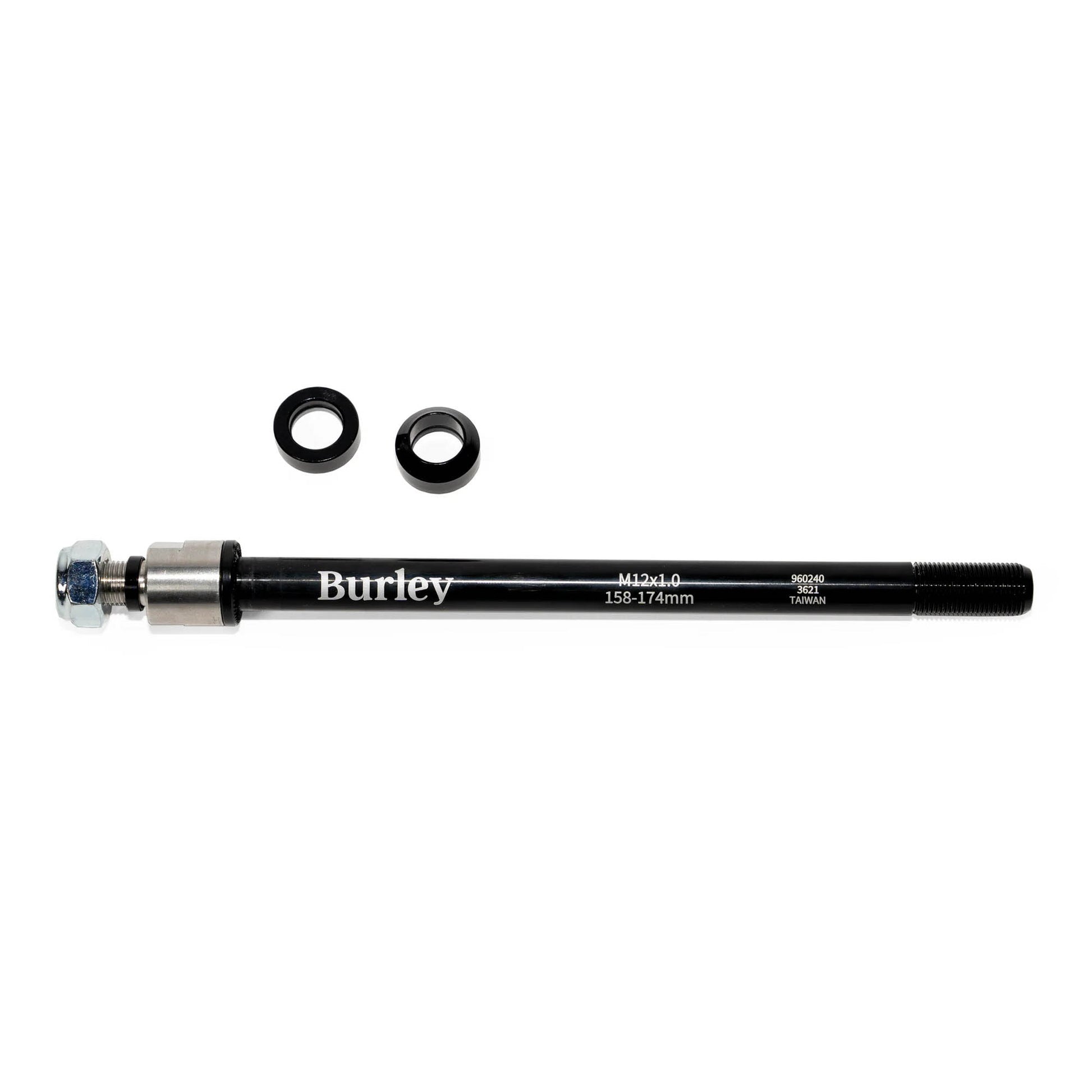 Image of the Burley Thru Axle Adapter 12x1.0 158-174mm with flat and conical spacers against a white background.
