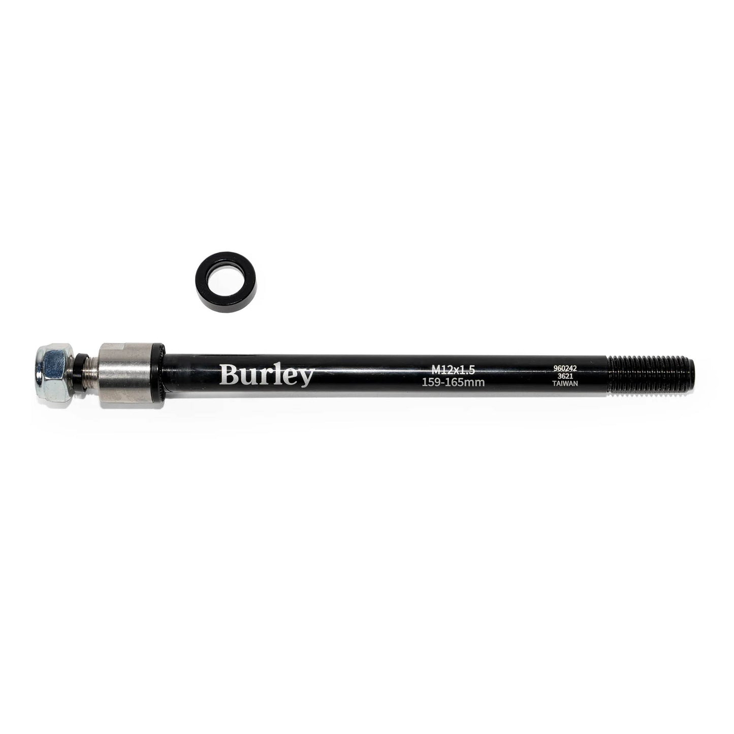 Image of the Burley Thru Axle Adapter 12x1.5 159-165mm with flat spacer against a white background.