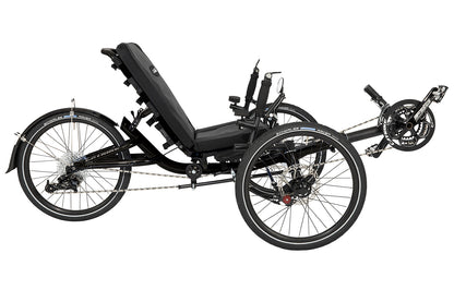 Studio image of the right profile of a gloss black Catrike Villager recumbent trike. 