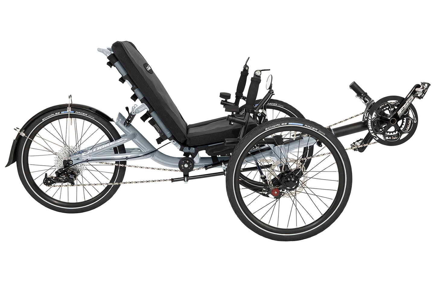 Studio image of the right profile of a silver framed Catrike Villager recumbent trike. 