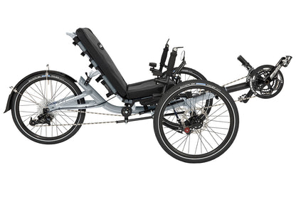 Studio image of the right profile of a silver framed Catrike Villager recumbent trike. 