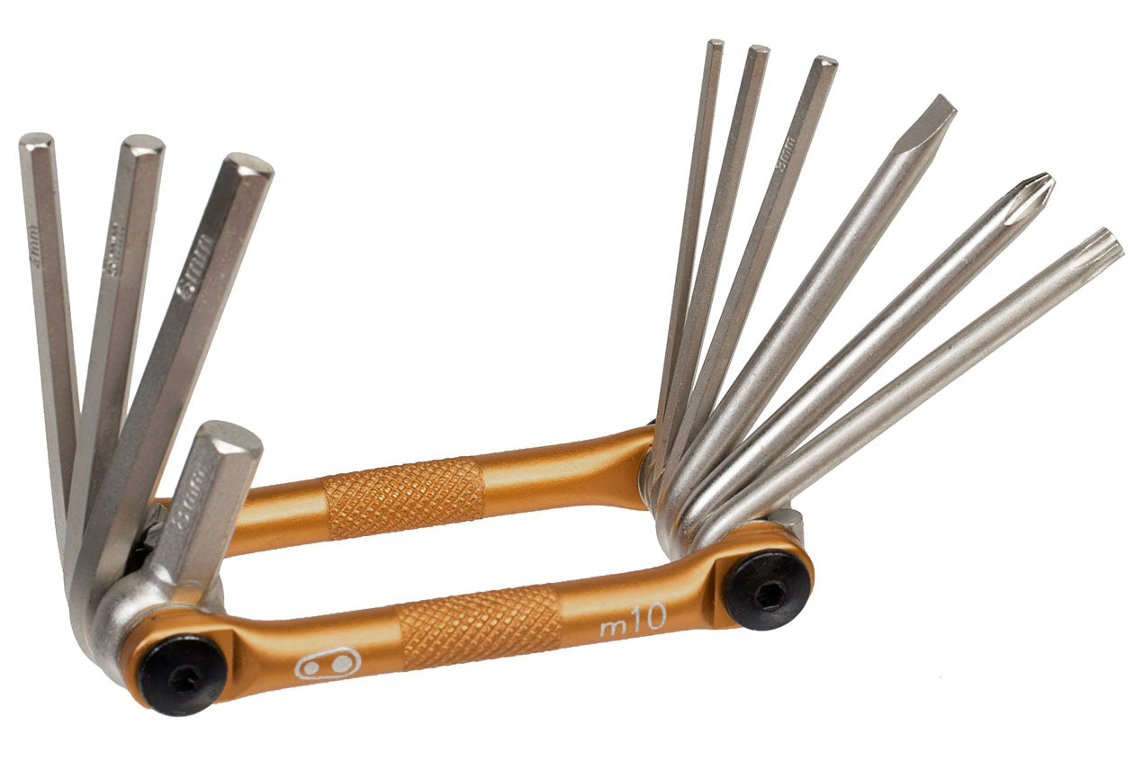 Studio image of Crank Brothers Gold Multi 10 Tool with all ten tools extended.