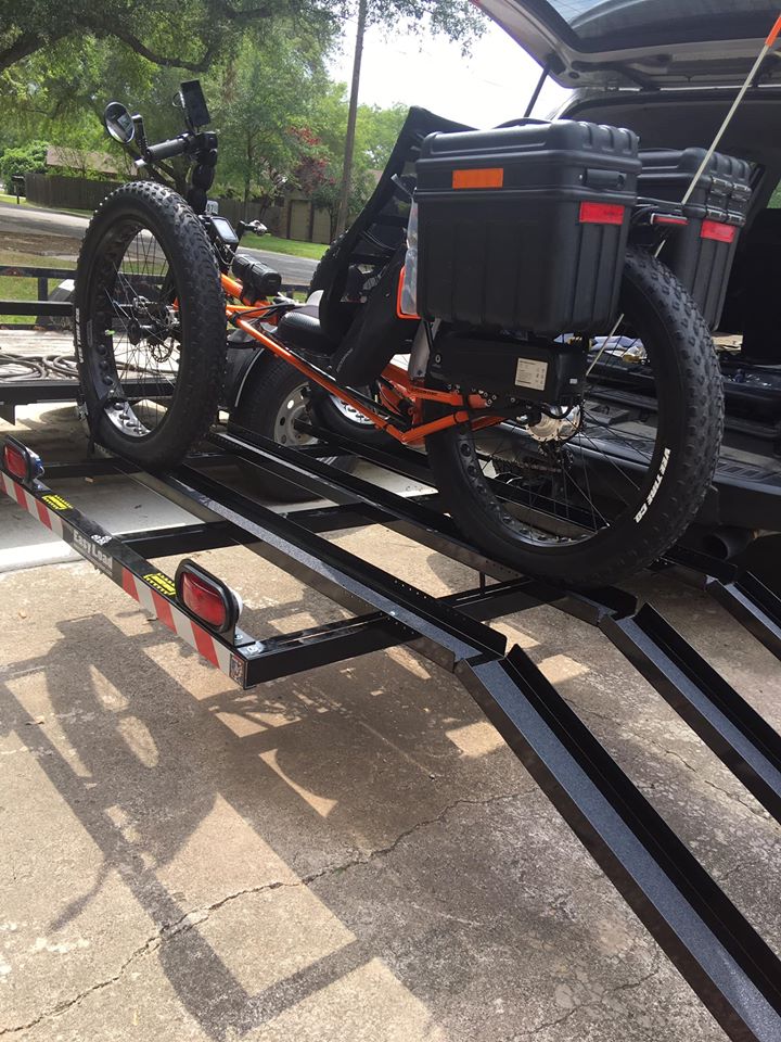 Easy Load Tray X-Large 2" Hitch Rack with Three Ramps, rear quarter view of loaded rack