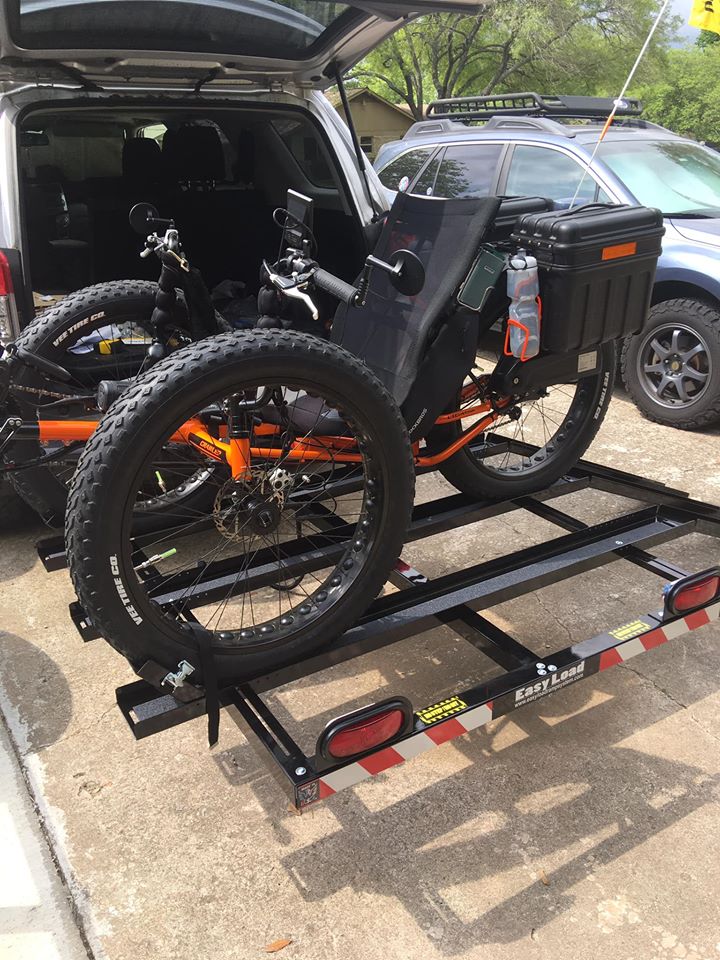 Easy Load Tray X-Large 2" Hitch Rack with Three Ramps, rear quarter view of loaded rack