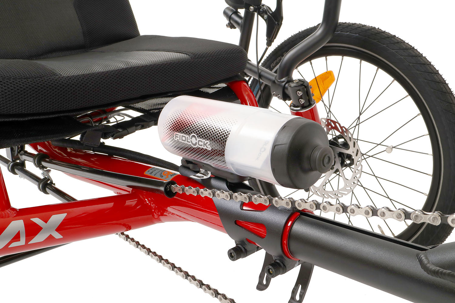 Fidlock TWIST 600 Bottle and Bike Base, studio front quarter view, shown mounted on trike