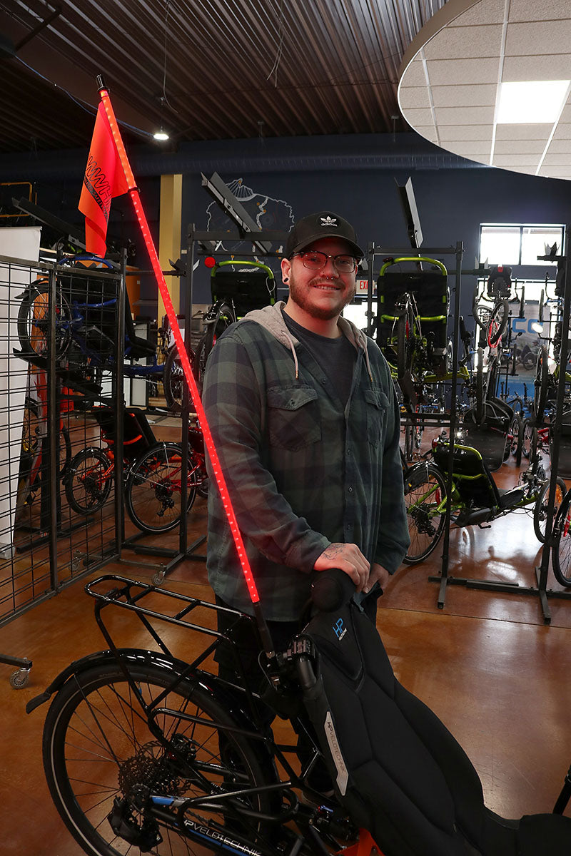 Glowwhips 4ft Bicycle Light Kit Red, mounted on HPV Trike